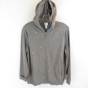 Chico's Zenergy Jacket Gray Hooded Beaded Embellished Size 1 M 8 Knit Full Zip